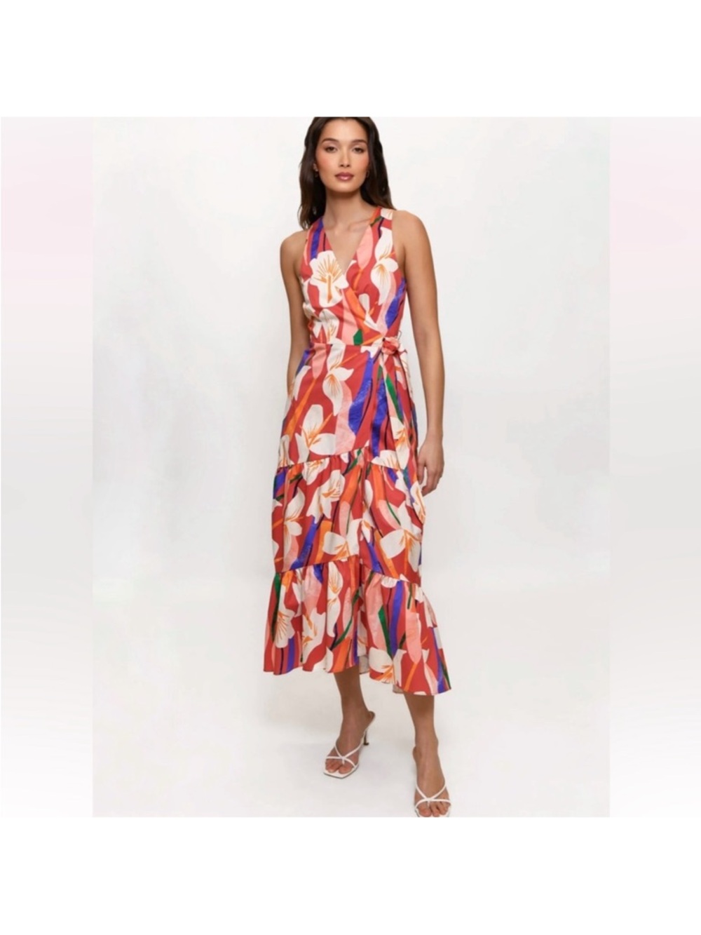 Hutch Coral Floral Wrap Midi Dress with Multicolor Accents